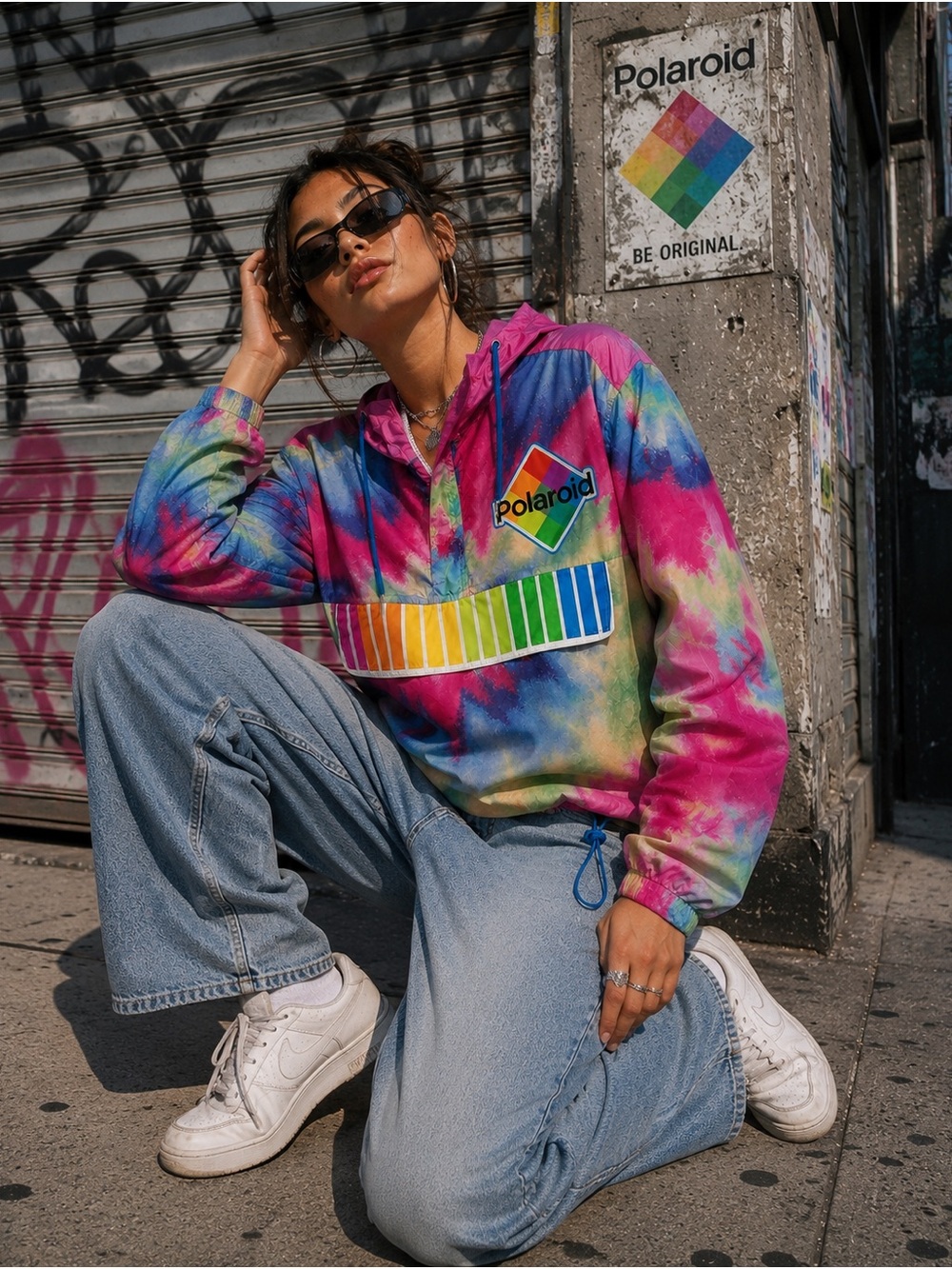 Polaroid Multicolor Tie-Dye Hoodie Windbreaker Rainbow Bar Graphic Size Small